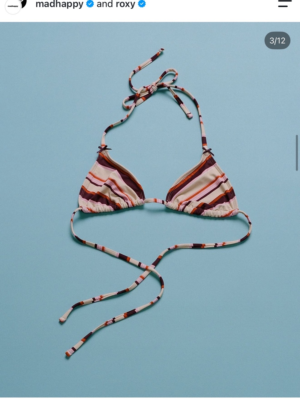 Madhappy Roxy Striped Triangle Bikini Top - Pink & Brown BNWT